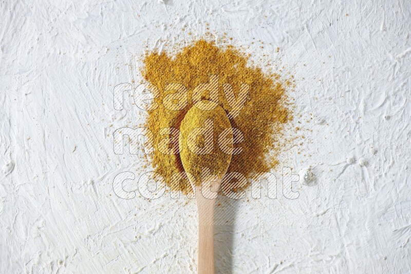 A wooden spoon full of turmeric powder on textured white background