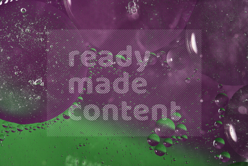 Close-ups of abstract oil bubbles on water surface in shades of green and purple