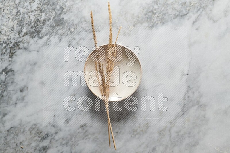 Wheat stalks on beige pottery plate on grey marble background