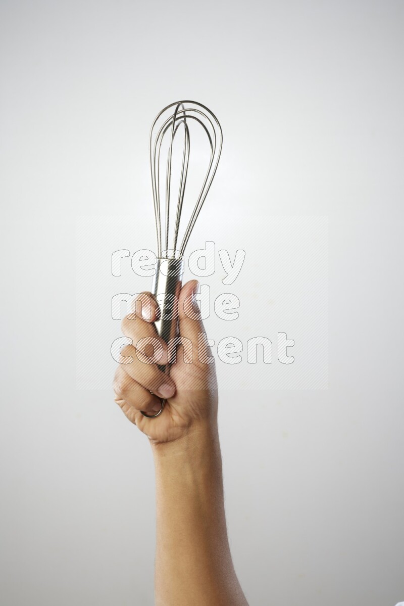 Male Hand Holding Whisk on white background