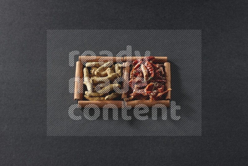 مربعان من أعواد القرفة ممتلئان بالفلفل الحار المجفف وأصابع الكركم علي خلفية سوداء