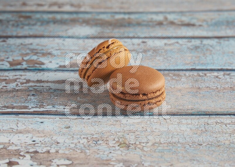 45º Shot of of two assorted Brown Irish Cream, and Brown Coffee macarons on light blue background