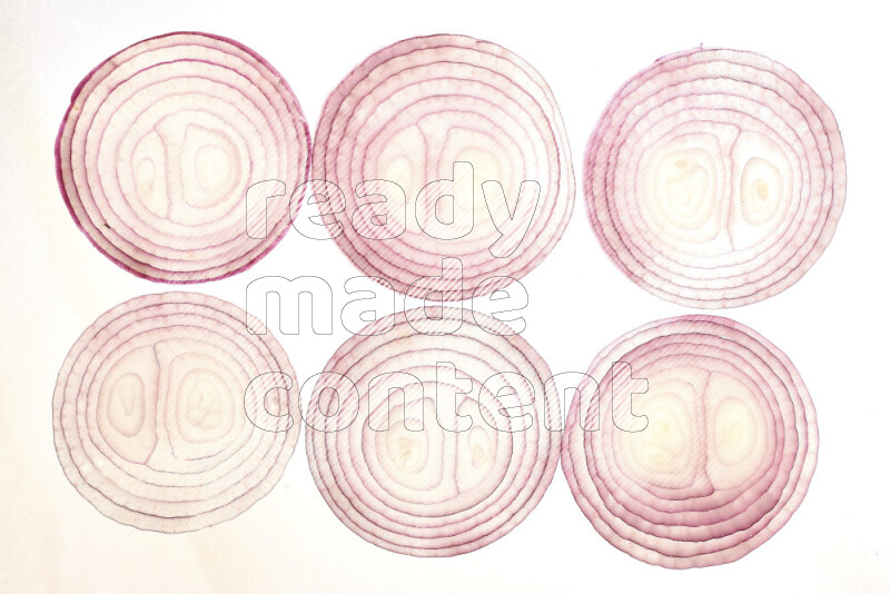 Onion slices on illuminated white background