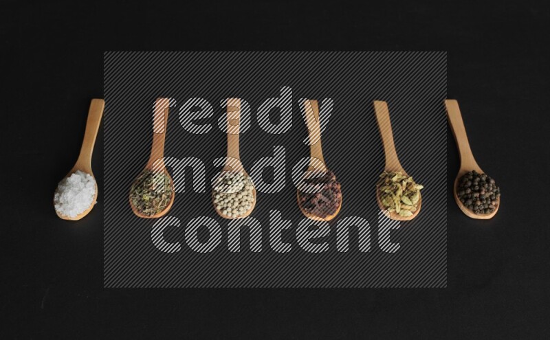 wooden spoons filled with white peppers, cloves, cardamom, salt, black peppers and basil on black flooring