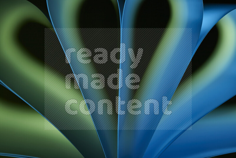 An abstract art piece displaying smooth curves in blue and green gradients created by colored light