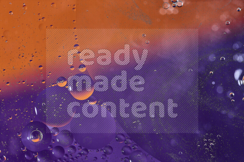Close-ups of abstract oil bubbles on water surface in shades of orange and purple