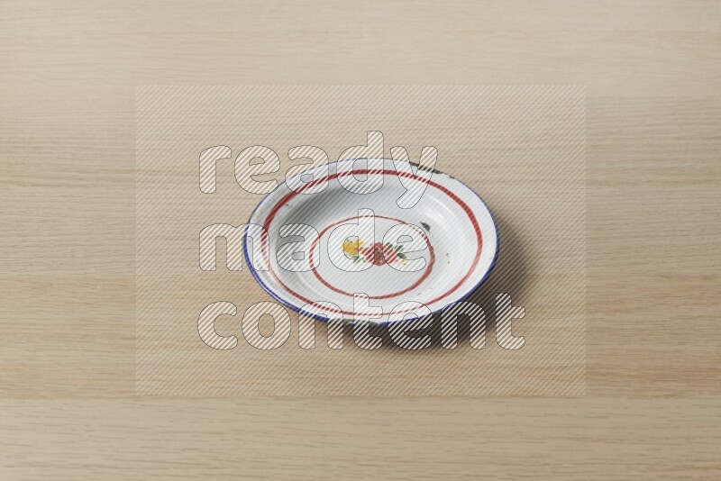 A vintage metal plate on light wooden background