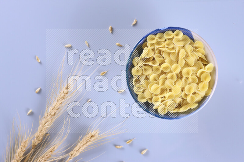 Raw pasta with wheat stalks on light blue background