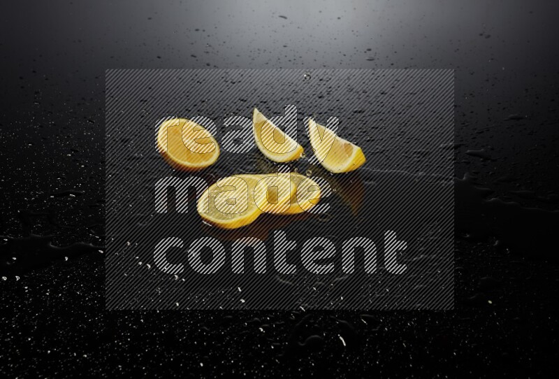 Lemon slices with water drops, and droplets on black background