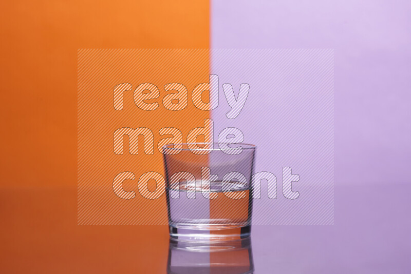 The image features a clear glassware filled with water, set against orange and light purple background