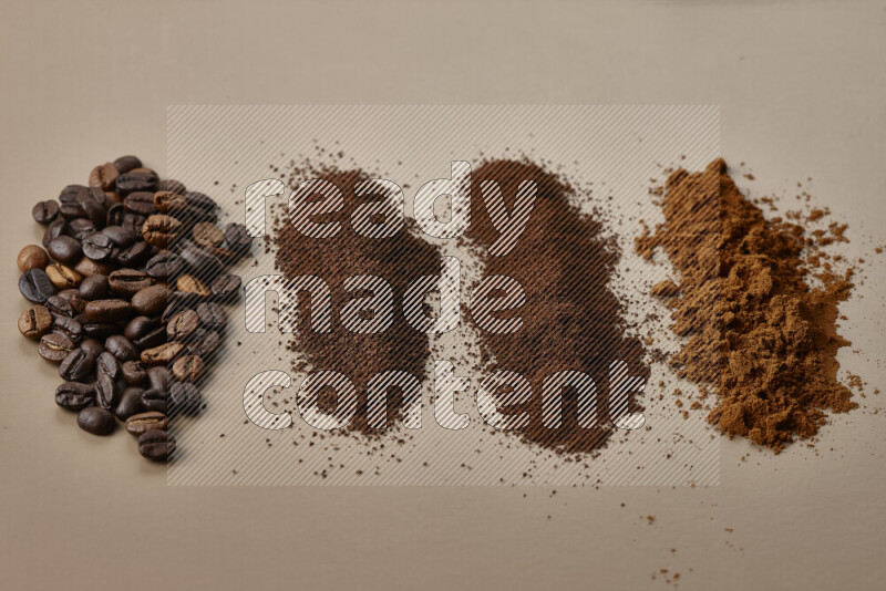 Assorted kinds of coffee such as roasted beans and ground on beige background