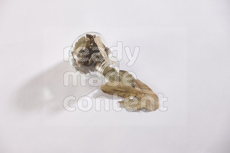 وعاء زجاجي ممتلئ بأوراق الغار والوعاء مقلوب وبعض الأوراق متناثرة خارجه علي خلفية بيضاء