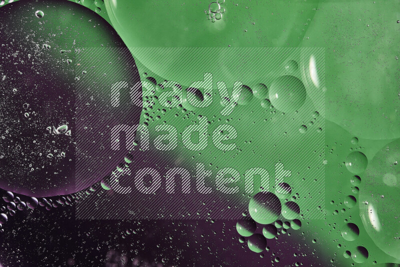 Close-ups of abstract oil bubbles on water surface in shades of green and purple