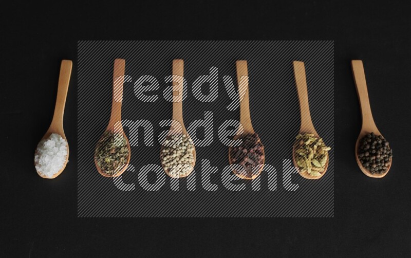 wooden spoons filled with white peppers, cloves, cardamom, salt, black peppers and basil on black flooring