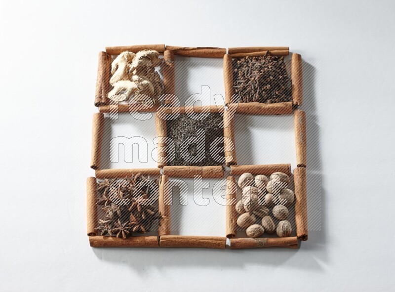 9 squares of cinnamon sticks full of tea in the middle surrounded by nutmeg, dried mint, cloves, dried basil, dried ginger, cinnamon, star anise and cardamom on white flooring