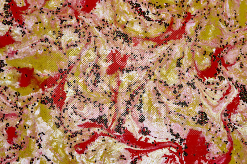 Abstract colorful background with mixed of red, white and gold paint colors with scattered gold glitter