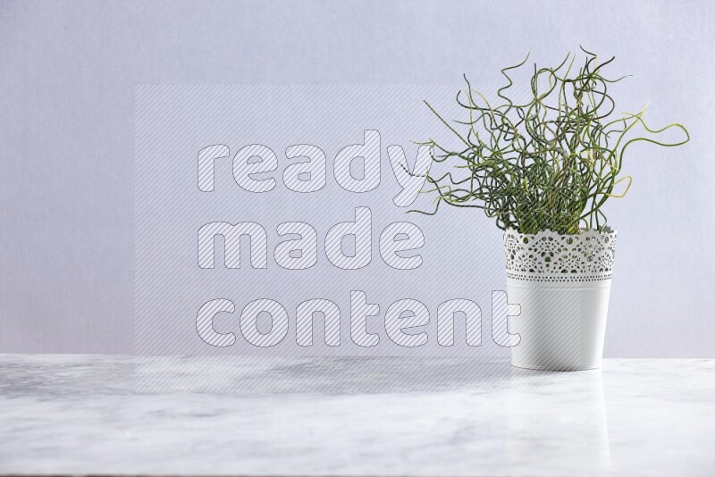Green artificial plant in white decorative pot on grey marble background
