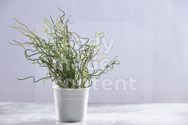 Green artificial plant in white pot on grey marble background
