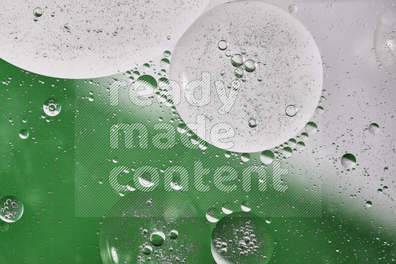 Close-ups of abstract oil bubbles on water surface in shades of white and green