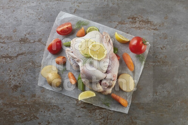 whole raw chicken on a parchment paper direct on a rustic grey background