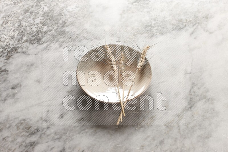 Wheat stalks on multicolored pottery plate on grey marble background