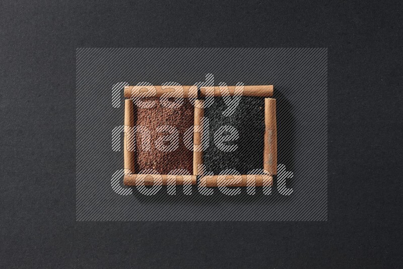 2 squares of cinnamon sticks full of garden cress and black seeds on black flooring