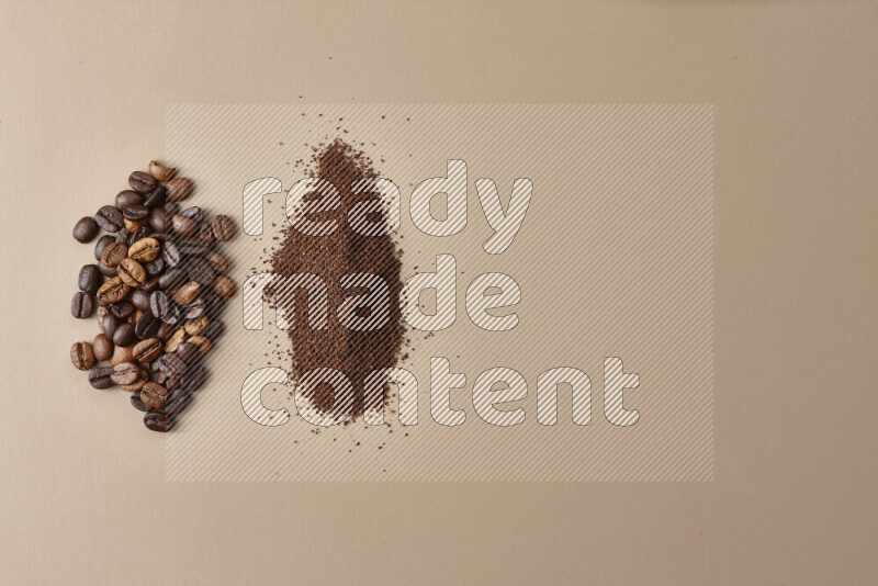 Assorted kinds of coffee such as roasted beans and ground on beige background
