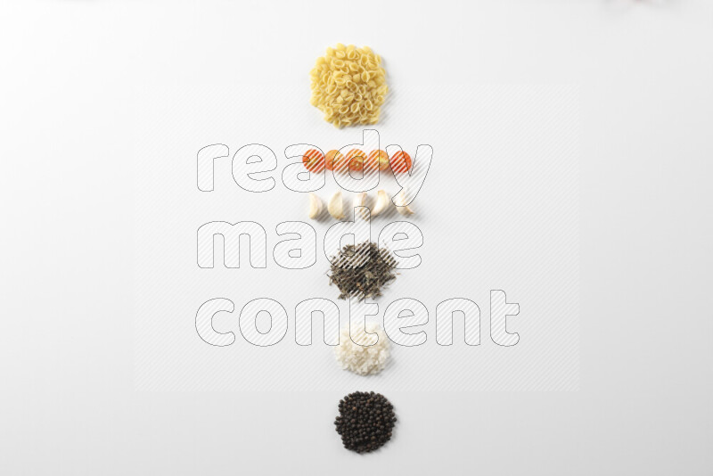 Red sauce pasta recipes ingredients on white background