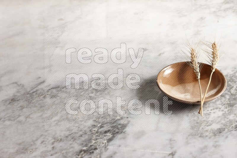 Wheat stalks on multicolored pottery plate on grey marble background