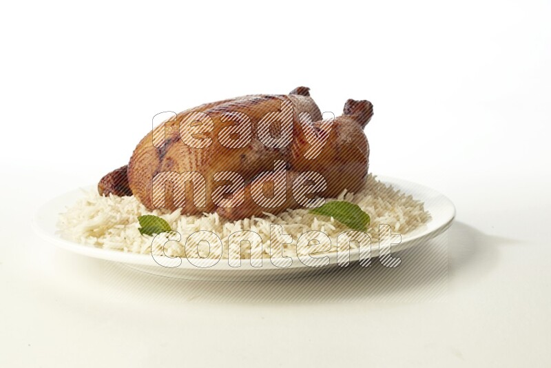 white  basmati Rice with  whole roasted chicken  on a white rounded plate direct on white background