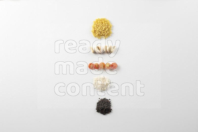 Red sauce pasta recipes ingredients on white background