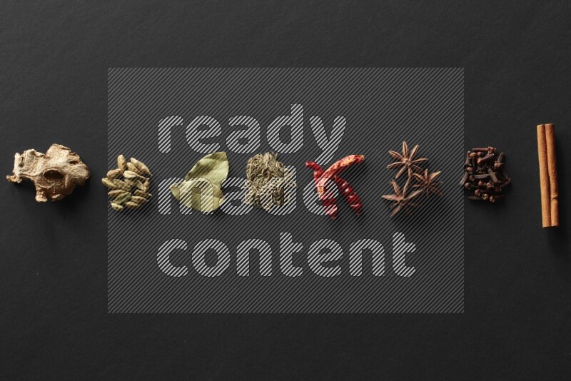 Cinnamon, cloves, star anise, chilis, cumin, laurel leaves bay, cardamom and ginger lined on a black background