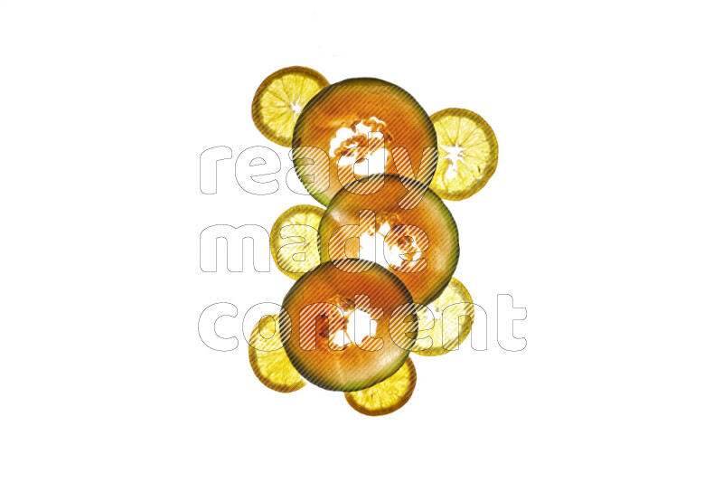 Mixed fruits slices on illuminated white background