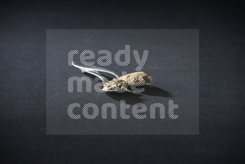 2 Metal spoons full of cardamom powder and cardamom seeds on black flooring