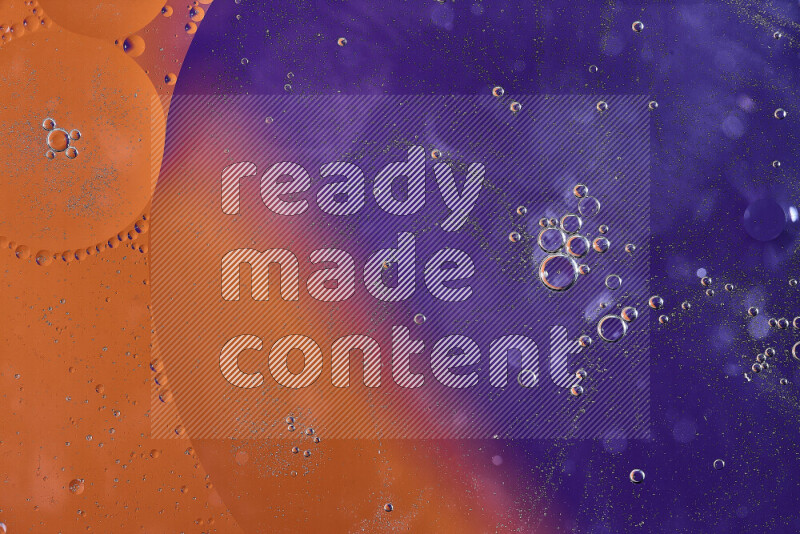 Close-ups of abstract oil bubbles on water surface in shades of orange and purple