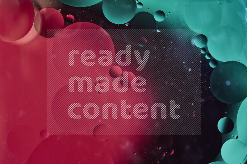 Close-ups of abstract oil bubbles on water surface in shades of green and red