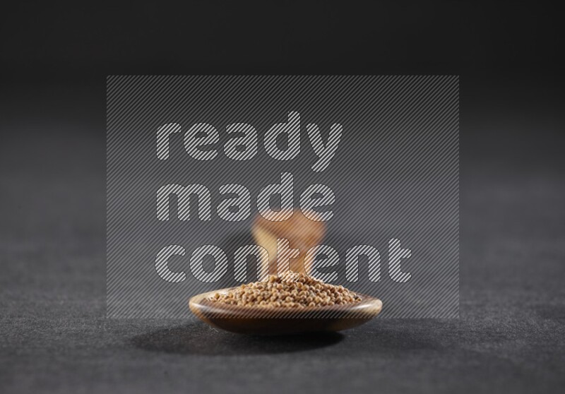 ملعقة خشبية كبيرة ممتلئة ببذور الخردل علي خلفية سوداء