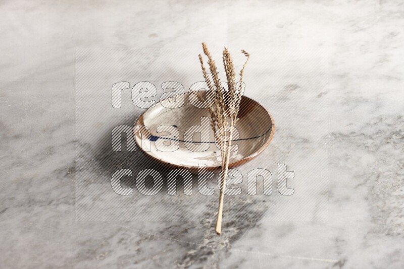 Wheat stalks on multicolored pottery plate on grey marble background
