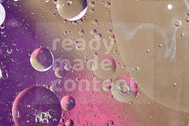 Close-ups of abstract oil bubbles on water surface in shades of brown, purple and pink