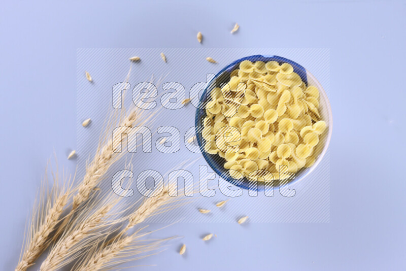 Raw pasta with wheat stalks on light blue background