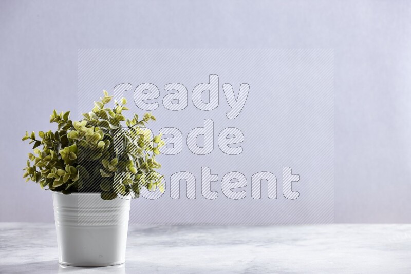 Green artificial plant in white pot on grey marble background
