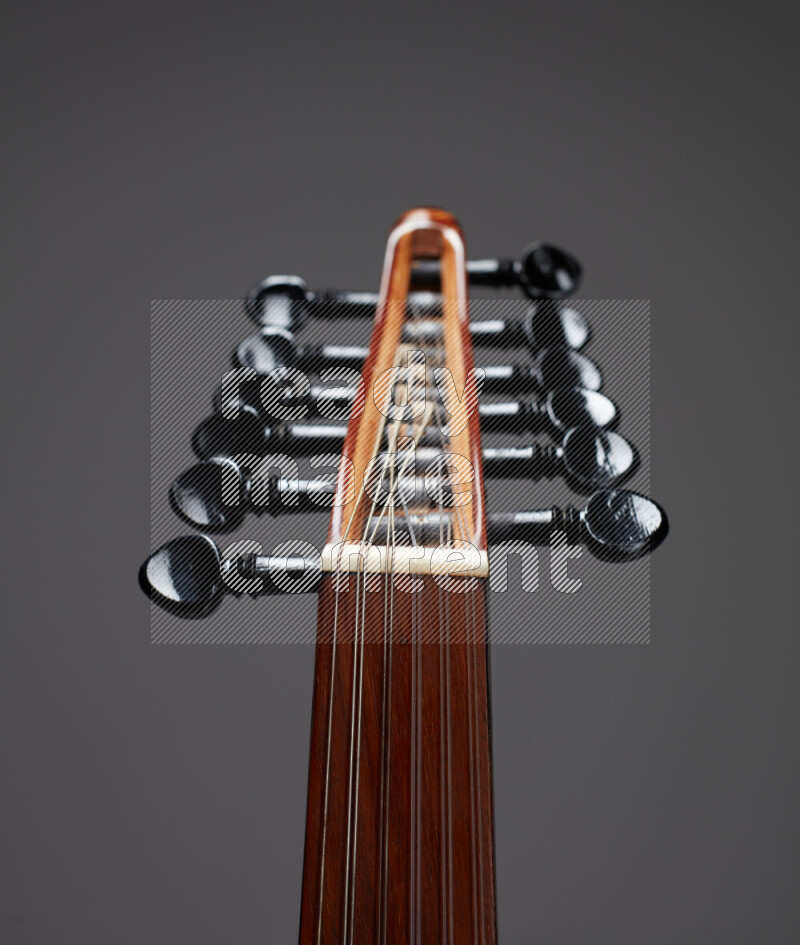 parts of a brown wooden Oud in a gray background