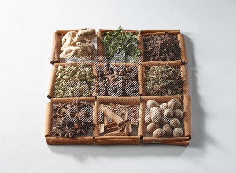9 squares of cinnamon sticks full of coffee beans in the middle surrounded by dried mint, dried ginger, cardamom, star anise, cinnamon, nutmeg, dried basil and cloves on white flooring