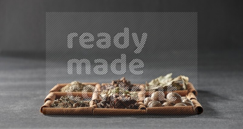 9 مربعات من أعواد القرفة ممتلئة بالهيل في المنتصف محاطة بجوزة الطيب والقرفة وأوراق الغار والقرنفل والكمون والزنجبيل المجفف والريحان المجفف واليانسون على أرضية سوداء