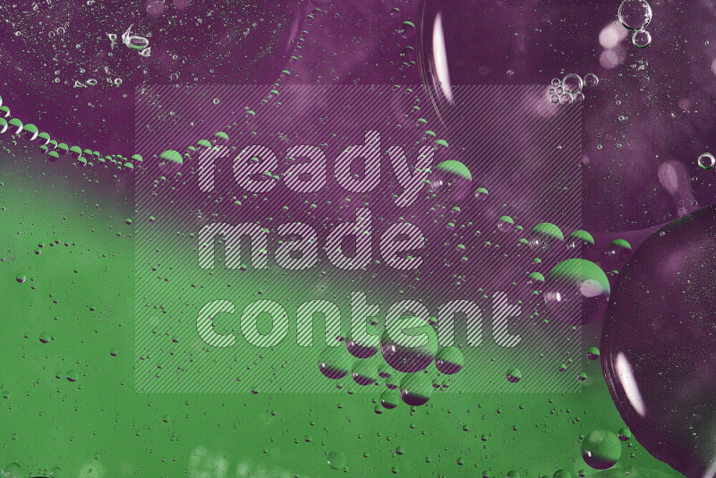 Close-ups of abstract oil bubbles on water surface in shades of green and purple