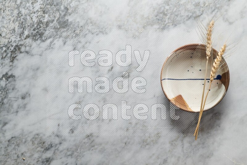 Wheat stalks on multicolored pottery plate on grey marble background