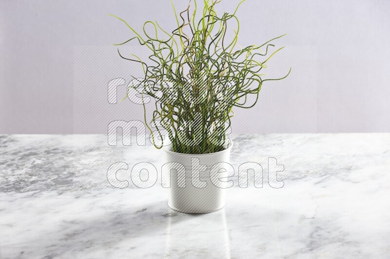 Green artificial plant in white pot on light grey marble background