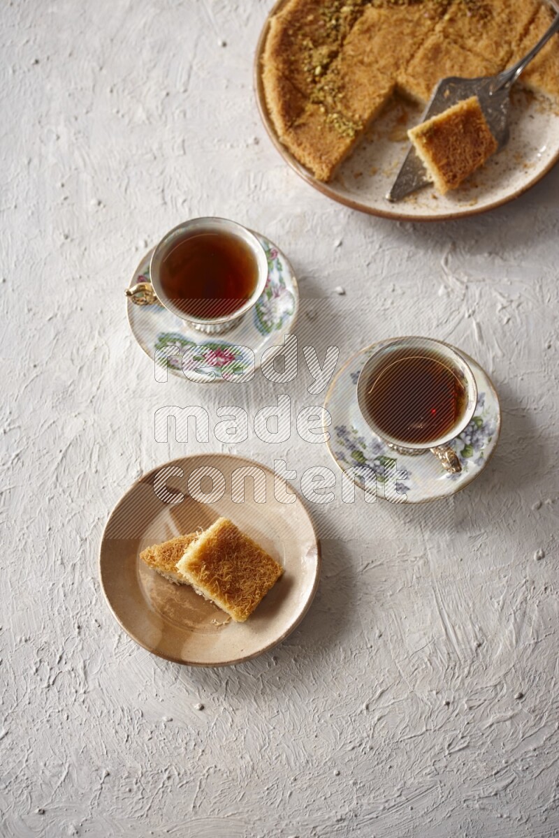 Konafa with tea in a light setup
