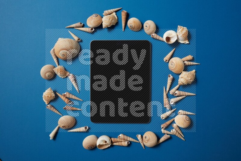 top view shot of a tablet, and seashells on blue background