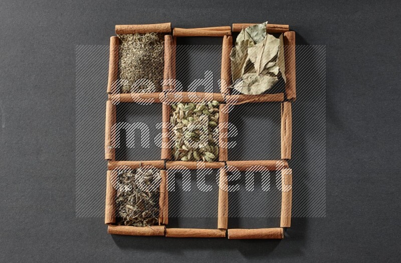 9 squares of cinnamon sticks full of cardamom in the middle surrounded by nutmeg, cinnamon, bay laurel leaves, cloves, cumin, dried ginger, dried basil and star anise on black flooring